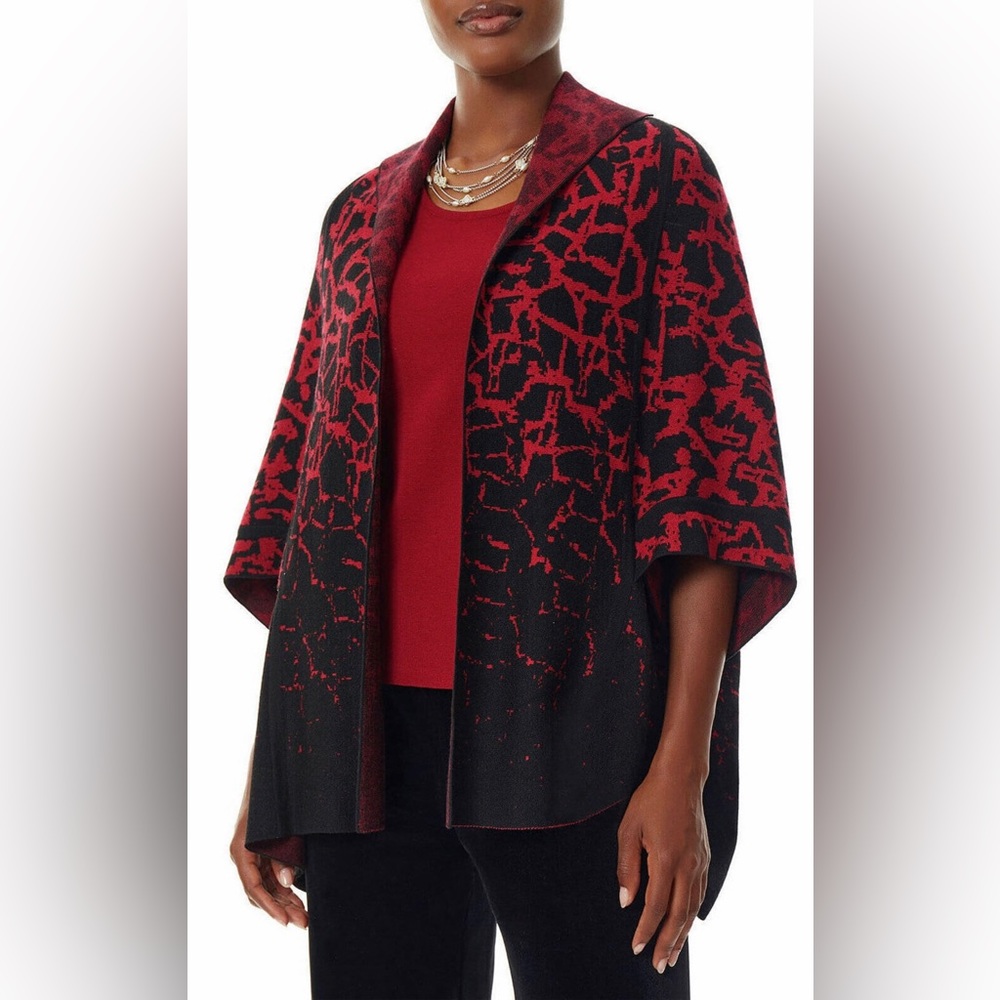NWT Ming Wang Red Black Jacquard Knit Shawl Collar Kimono Sleeve Open Sz…
